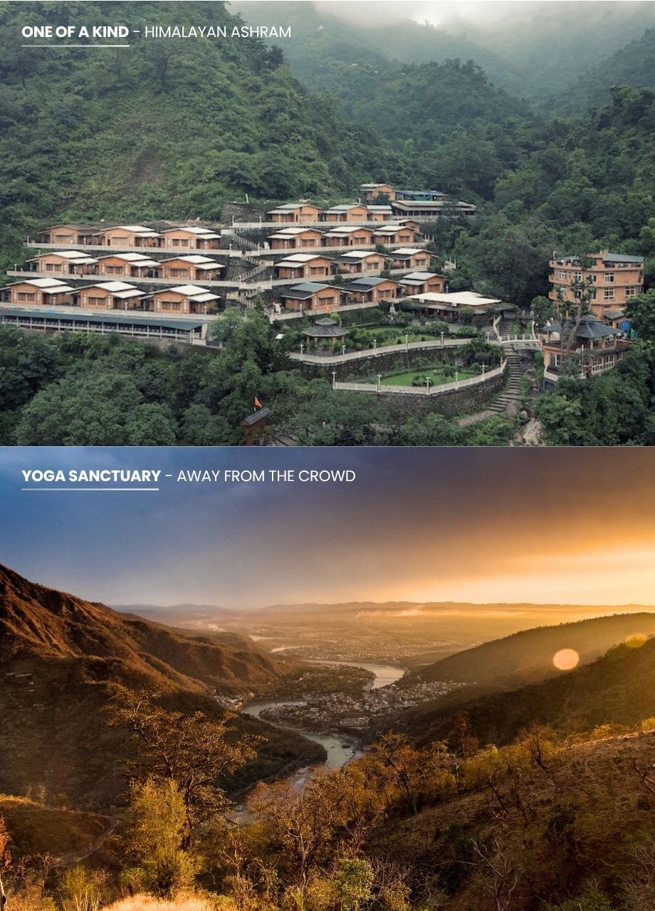 Aerial view of Rishikesh Yogpeeth ashram nestled in the misty Himalayan foothills above Rishikesh