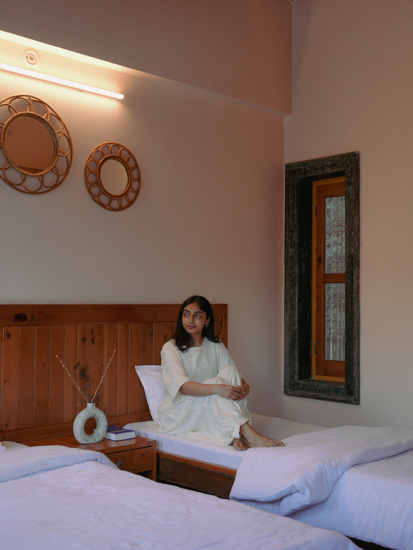 Clean comfortable twin-share guest bedroom at Rishikesh Yogpeeth ashram